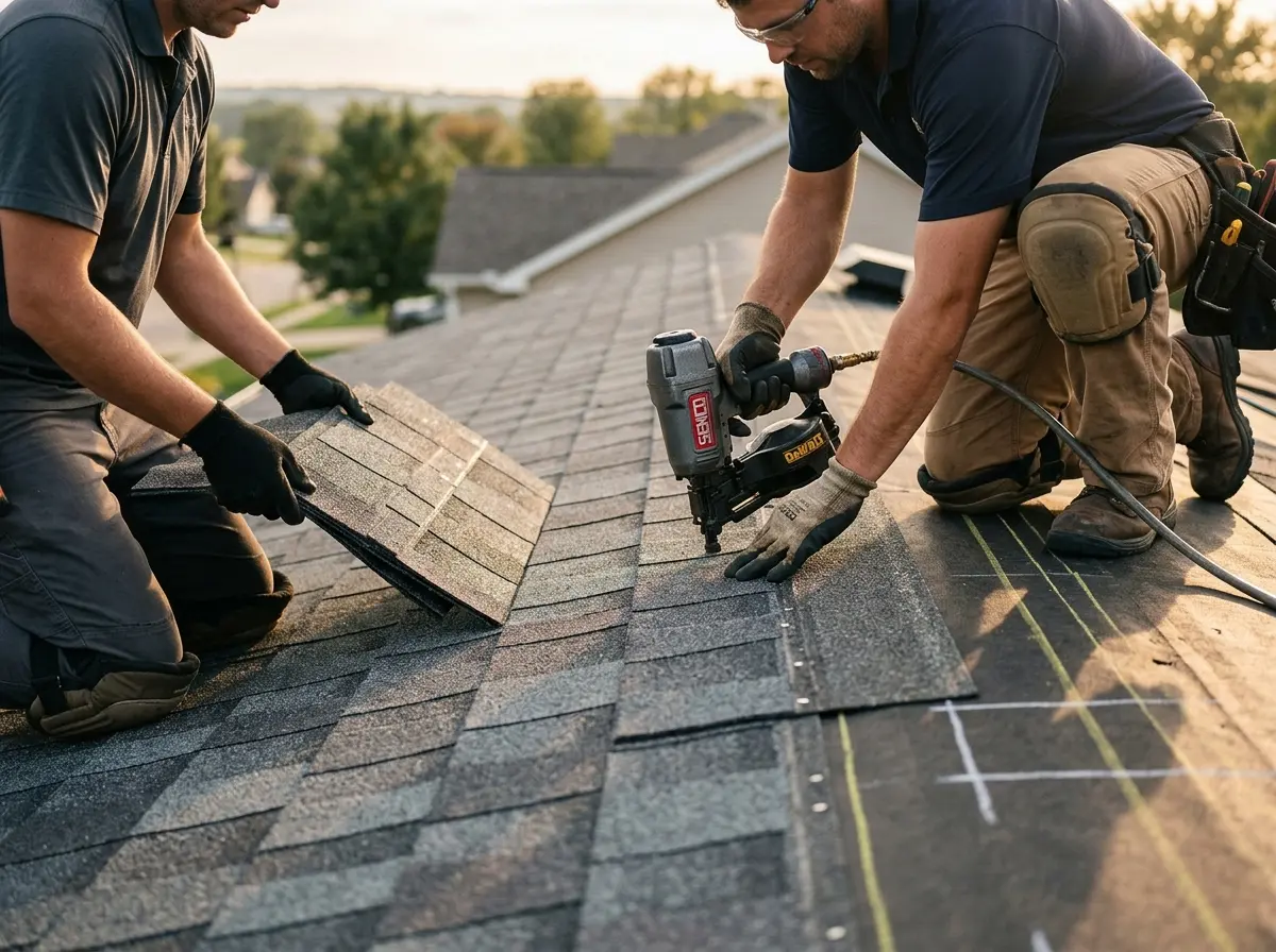 Professional roofer working on a residential roof in Davenport